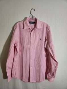 RALPH LAUREN Long Sleeve Large Pink White Stripe Button Down Shirt Custom Fit. Has a couple small pen mark spots as pointed out in pic. Casual Pink Top With Lapel Collar, Fitted Ralph Lauren Long Sleeve Shirt, Ralph Lauren Spring Button-up Top, Classic Pink Long Sleeve Tops, Ralph Lauren Button-up Shirt, Ralph Lauren Button-up Shirt With Button Closure, Ralph Lauren Long Sleeve Shirt With Buttons, Classic Ralph Lauren Long Sleeve Tops, Ralph Lauren Collared Shirt For Spring