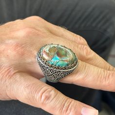 Silver Turquoise Stone Ring, Large Turquoise Rings, Ottoman Style Ring , Natural Gemstone , 925k Sterling Silver Ring , Gift For Him x★Item Details * Gender : Male / Female * Material : 925K Sterling Silver * Total weight : 26 Grams * Gemstone : Turquoise Stone ✔ Ready to Ship in 1-2 Business Days .. ✔ Shipped to the Worldwide 1-5 business days with free shipping... ✔ The product will be sent to you with a handmade wooden box to avoid any damage during shipping... ✔ Visit our store, browse other Artisan Rings With Inlay For Anniversary, Unique Multi-stone Turquoise Ring For Anniversary, Turquoise Multi-stone Ring For Gift, Unique Turquoise Multi-stone Opal Ring, Unique Turquoise Gemstone Ring For Wedding, Turquoise Multi-stone Round Opal Ring, Unique Turquoise Opal Ring With Multi-stone Design, Round Rings With Inlay Perfect For Gifts, Gift Round Ring With Inlay