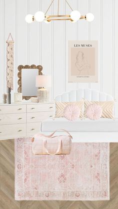 a bedroom with white furniture and pink accessories on the bed, along with a chandelier