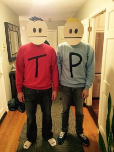 two people wearing t shirts with the letters p on them