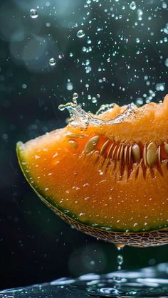 a watermelon is falling into the air with its seeds still attached to it