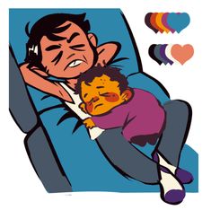 a man laying on top of a blue couch holding a child