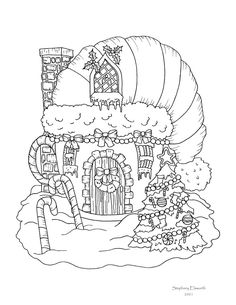 a coloring page with an image of a house and candy canes in the foreground