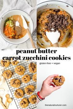 peanut butter carrot zucchini cookies on a cooling rack and in a bowl with spoons