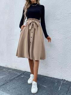 Gonne vita a volant sovrapposti con cintura con bottone frontale Cachi Casual   Tessuto Colore unico Svasato Non-Elastico  Women Clothing, size features are:Bust: ,Length: ,Sleeve Length: Casual Skirt Outfits, Rock Outfit, Midi Flare Skirt, Brown Skirt, Modest Skirts, Modest Clothing, Skirt Belt