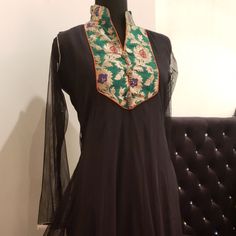 Gorgeous Black Long Anarkali With Net Overlay Net Long Sleeve Patchwork Style Multi Color Paisley Border Size Medium ( 40) Perfect For Parties And Casual Occasions Brand New Can Be Paired Up With Black Tights Anarkali Blouse Piece For Eid Designer Wear, Fitted Black Churidar For Festive Occasions, Festive Black Fitted Churidar, Formal Black Set With Sheer Dupatta, Semi-stitched Black Churidar With Self Design, Fitted Black Salwar Kameez With Sheer Dupatta, Designer Wear Black Fitted Churidar, Festive Anarkali Black Churidar, Black Anarkali Set With Sheer Dupatta And Long Sleeves