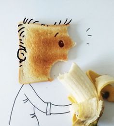 a piece of toasted bread with a banana peel sticking out of it next to a drawing of a man