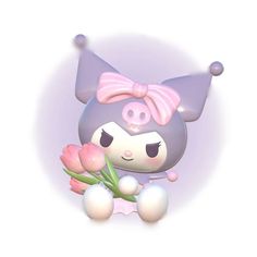 an animal with a pink bow is holding tulips