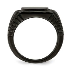 Black IP-plating over stainless steel polished men's signet ring with black cubic zirconia stones and grooved detailing. Band width measures approximately 3/16". Polished Man, Mens Rings Fashion, Signet Ring Men, Necklace Stone, Signet Rings, Mens Items, Stainless Steel Polish, Packaging Gift, Bow Jewelry