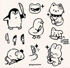 an image of some cartoon animals with scissors and other things in the background that are black and white