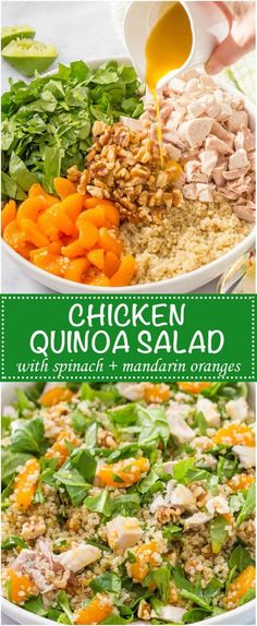 chicken quinoa salad with spinach, carrots and parmesan dressing