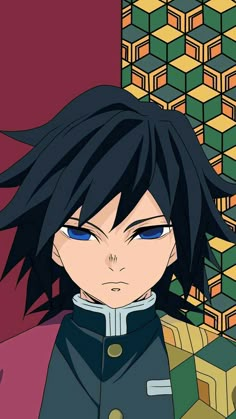 an anime character with black hair and blue eyes, standing in front of colorful boxes