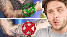 a man with tattoos on his arms and chest is looking at the camera while he has an x sign in front of him