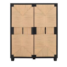 a wooden cabinet with four doors and black handles