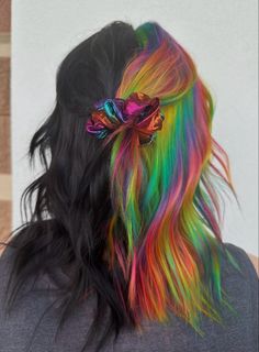 Split Dyed Hair Black And Rainbow, Green Peekaboo Hair Blonde, Vivid Hair Color Split Dye, Black With Rainbow Hair, Multiple Color Hair Dye Ideas, Fun Hair Color Ideas Split Dye, Rainbow Black Hair, Split Rainbow Hair, Colorful Split Dye