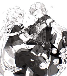 two anime characters sitting next to each other in black and white colors, one is holding his arm around the other's shoulder