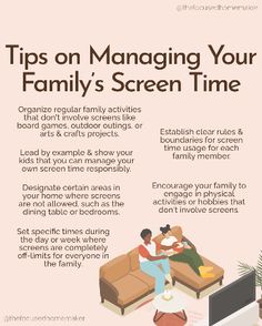 a family sitting on a couch with the text tips on managing your family's screen time