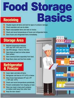 food storage basics poster with instructions on how to use the refrigerator and freezer for storing items