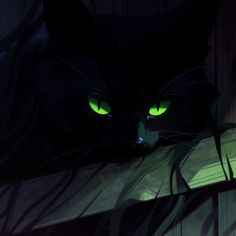 a black cat with glowing green eyes peeking out from behind a wooden fence in the dark