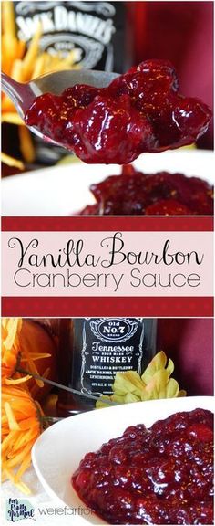 vanilla bourbon cranberry sauce on a spoon with flowers in the background and text overlay that reads vanilla bourbon cranberry sauce