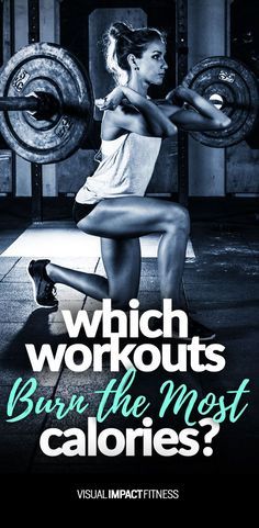 a woman squatting on a bench with the words which workouts burn the most calories?