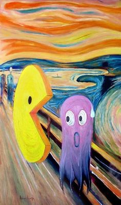 two cartoon characters are standing next to each other in front of the screamo painting