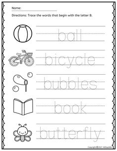 worksheet for beginning with the letter b, including an image of a bike and a