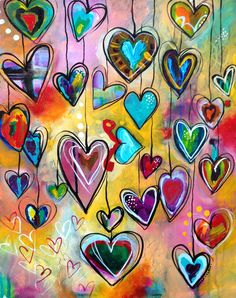 an abstract painting with many hearts hanging from strings