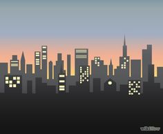 a city skyline at sunset with buildings and skyscrapers in the foreground, silhouetted against a pink sky