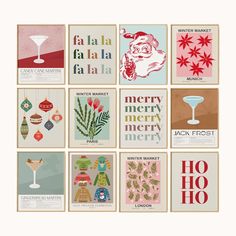 twelve christmas cards with santa claus and other holiday items