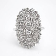 Large Art Deco Diamond Cluster Ring in Platinum Dazzling Platinum Diamond Ring With Rose Cut Diamonds, White Platinum Diamond Ring With Rose Cut, Dazzling White Diamond Ring With Rose Cut, White Platinum Cluster Ring With Single Cut Diamonds, Diamond Bar, Art Deco Diamond, Platinum Ring, Diamond Cluster Ring, Fine Rings