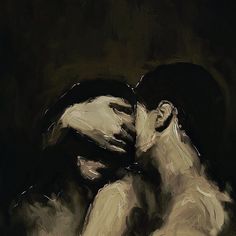 a painting of two people embracing each other