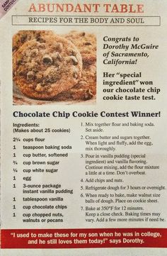 the recipe for chocolate chip cookie cookies is shown in this advertiser's paper