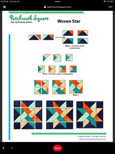 an app showing how to make patchwork squares with different shapes and sizes on it