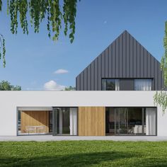 an artist's rendering of a modern house with wood and glass doors on the outside