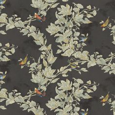 an image of a wallpaper with birds and flowers on it's black background