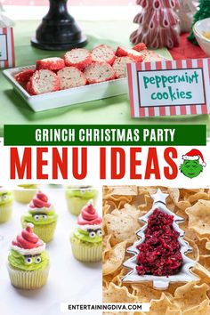 grinch christmas party menus with cookies, cupcakes and other food items