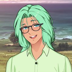 a man with green hair and glasses standing in front of the ocean