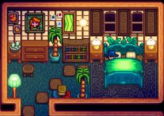 the game's interior is shown in an old - school style setting with furniture and plants