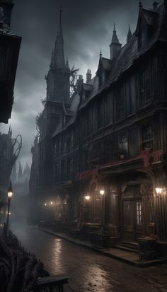 an image of a city street at night with lights in the dark and foggy sky