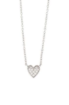 This 18-karat white-gold necklace with a diamond-pavé heart pendant makes a sweet accessory for your little one. Adult supervision strongly recommended; jewelry presents choking hazard and should be removed when infant or small child is unattended 15" length Handcrafted Total diamond weight: 0.04ct. Color: G Clarity: VS 18k white gold/diamond Imported >Diamond Guide Dainty White Gold Heart Pendant Diamond Necklace, Dainty Heart Pendant White Gold Diamond Necklace, White Gold Diamond Necklace With Heart Charm, Dainty White Gold Diamond Necklace With Heart Charm, Fine Jewelry Sterling Silver Diamond Necklace With Heart Charm, White Heart Necklaces With Single Cut Diamonds, Sterling Silver Heart Necklace With Single Cut Diamonds, Silver Heart Necklace With Single Cut Diamonds, Dainty Silver Diamond Heart Pendant Necklace