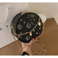 Black Round Celestial Design Faux Leather Bag With Gold Chains Goth Purse, Celestial Design, Gold Purse, Faux Leather Bag, Moon Design, Gold Chains, Crossbody Bags, Leather Bag, Outfit Ideas