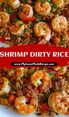 shrimp and rice dish on a white plate with red text that reads shrimp dirty rice