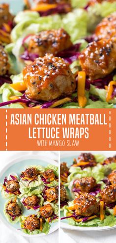 Asian Chicken Meatball Lettuce Wraps with Mango Slaw is a quick and easy healthy recipe for lunch, dinner, and even as an appetizer! These Asian meatball wraps have saucy chicken meatballs and fresh mango slaw with crunchy butter lettuce. Save this pin for later! Fancy Healthy Dinner, Dinner Ideas For Pregnant Women, Healthy Dinner Recipes Cheap, Meatball Wraps, Meatball Lettuce Wraps, Meatball Meals, Thai Chicken Meatballs, Asian Chicken Meatballs, Saucy Chicken