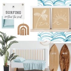 there is a collage with surfboards and other things in the room that are on display