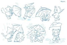 some cartoon characters are holding umbrellas in the rain, and one has an umbrella