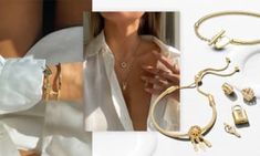 a collage of gold jewelry including bracelets and rings