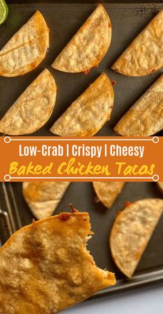 low - carb crispy cheesy baked chicken tacos on a baking sheet