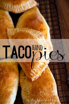 some taco pies on a cooling rack with the words taco pieces over them