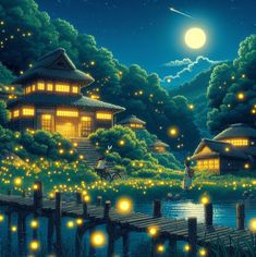 a painting of a japanese village at night